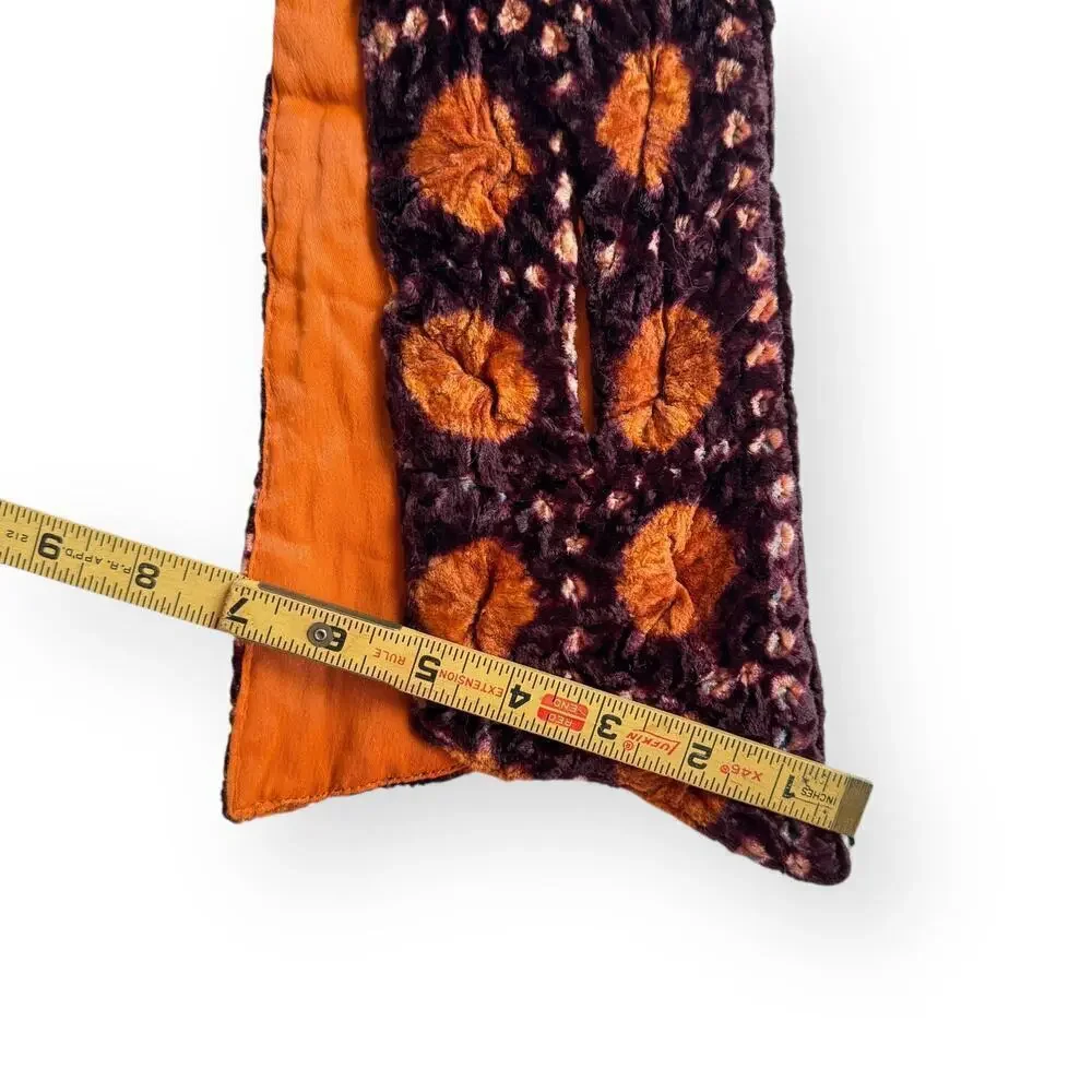 Block Print Reversible Velvet Vintage Pull Through Scarf Orange Mauve Brown 28”